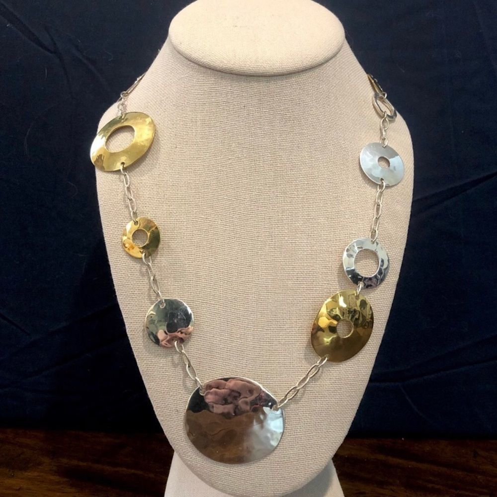 ROBERT LEE MORRIS Two Tone Hammered Sterling Silver Brass Modern Necklace